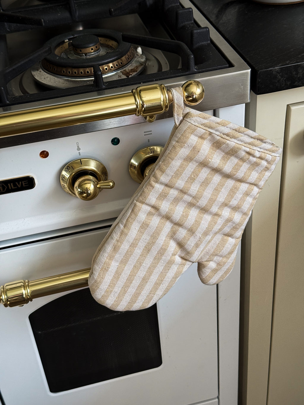 striped oven mitt
