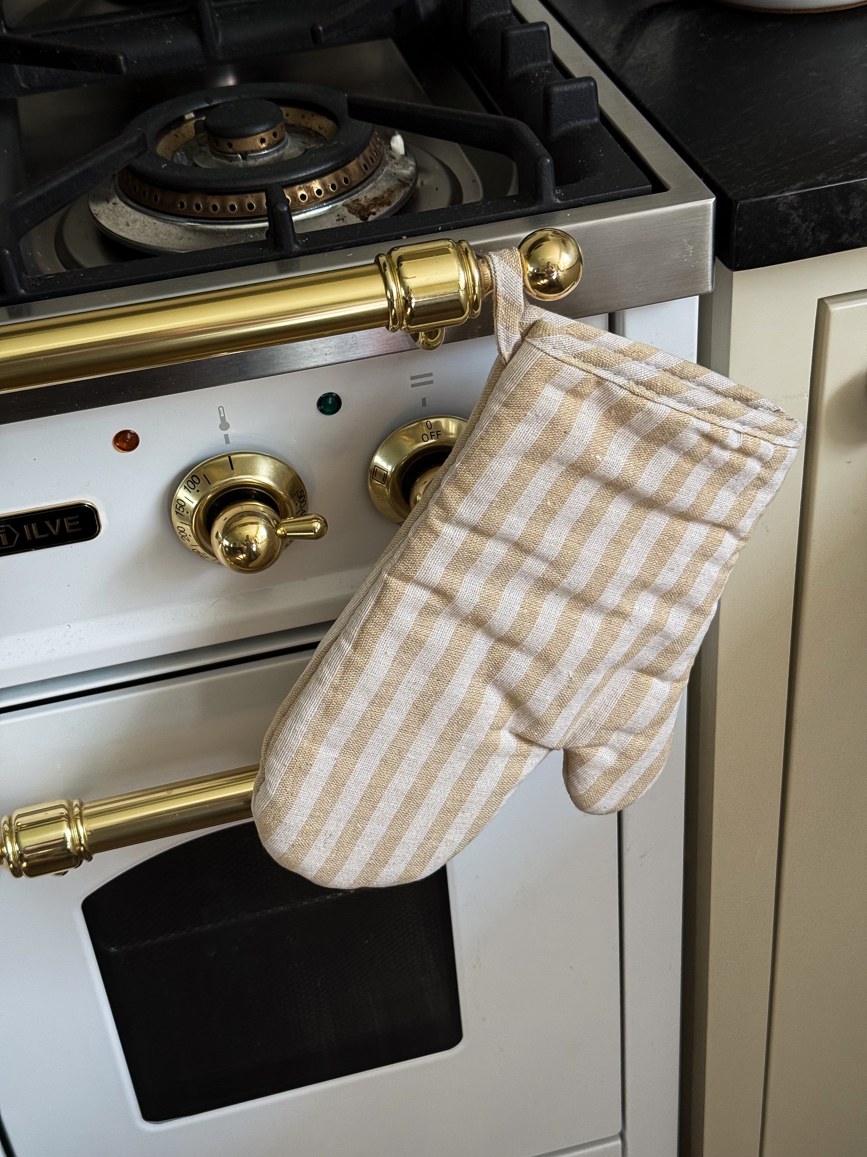 striped oven mitt